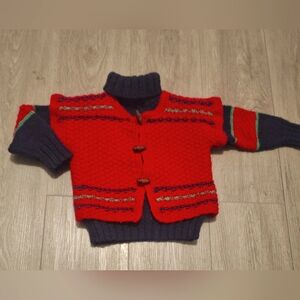 Hand Knit Sweater & Vest Kids size 4-6 Navy Blue & Red